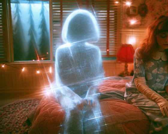 The glittering figure sits beside her on the bed. A take that was cut